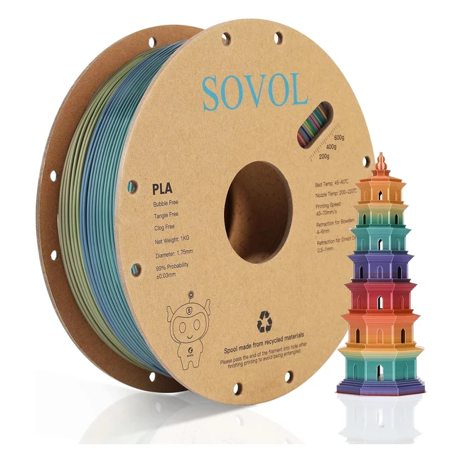 Filamento stampante 3D SOVOL Rainbow Silk PLA 1kg 22lbs 003mm giallo arcobaleno
