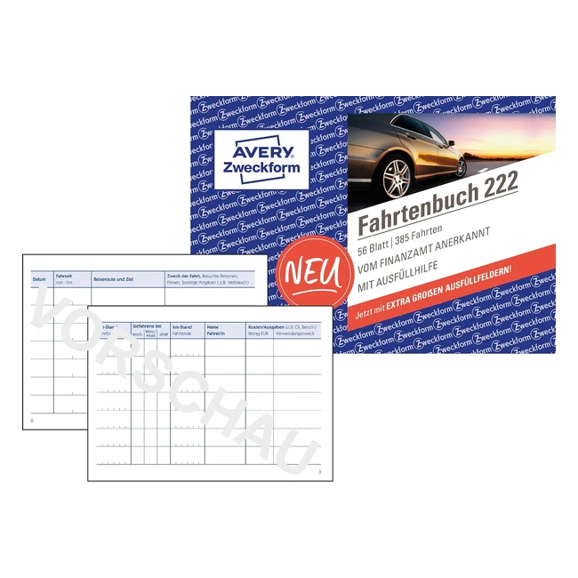 Avery Zweckform 222 Fahrtenbuch für Autos, vom Finanzamt anerkannt, A6 Querformat, 80 Seiten, 390 Fahrten für Deutschland und Österreich, zur genauen Abgrenzung von privaten und geschäftlichen Fahrten