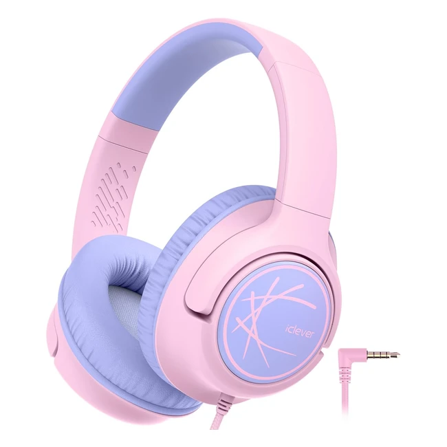 iClever Kids Headphones Wired 85dBa Safe Volume Limit Stereo Sound Foldable Adjustable Over Ear 3.5mm Jack Pink