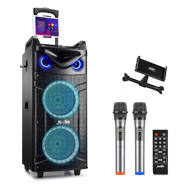 Altavoz Karaoke Moukey MTS2101 Bluetooth Portátil Doble Woofer 2 Micrófonos Inalámbricos