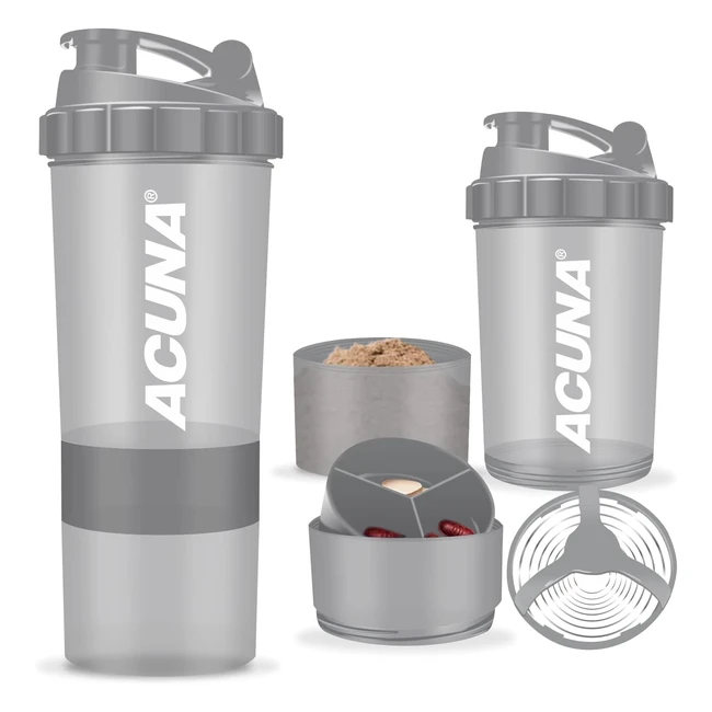 Acuna Protein Shaker Bottle 600ml - 3 Layered Twist Off Cups - Steel Mixing Ball