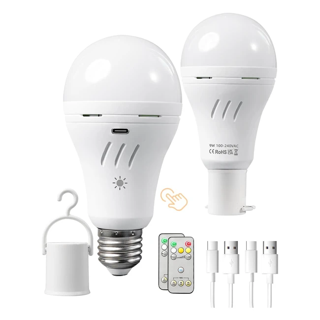 Dufuso Ampoule Rechargeable USB-C 2600mAh 7W Télécommande Sans Fil et Contrôle Tactile Lampe de Secours LED E27 Super Lumineux Réglable Blanc Froid/Chaud