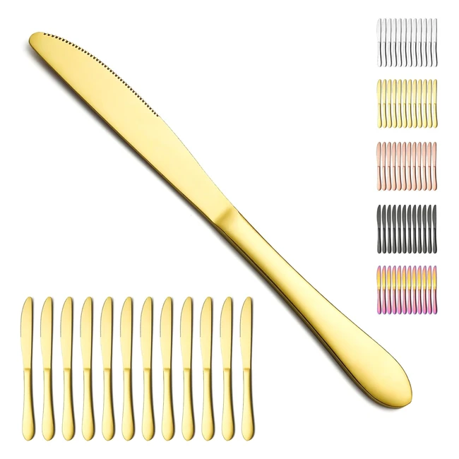 Couteaux de table en or 12pcs - Berglander - Acier inoxydable plaqué or titane - Réf.12345 - Qualité premium