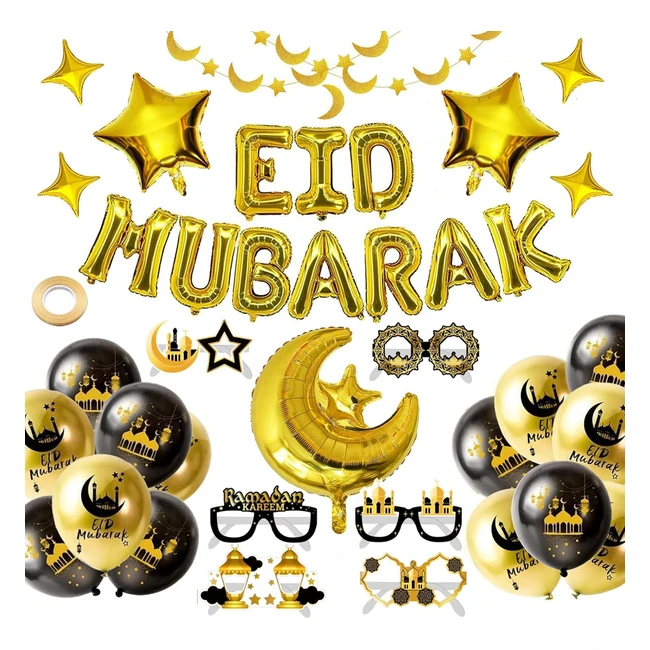Kit Décoration Eid Mubarak - Bannière, Ballons Or Rouge, Décorations Gâteau