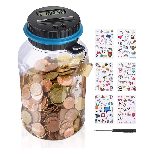 Tirelire Électronique 18L Compteur Automatique de Pièces EUR Numérique avec Serrure et Autocollants Mignons - Pour Enfants Adulte - LCD - Noël et Anniversaire