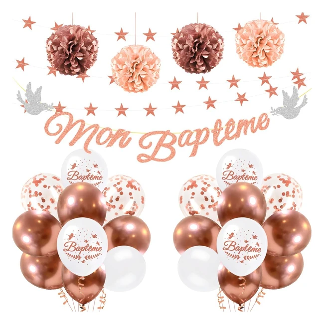 Décoration Baptême Fille Rose Gold - Mon Baptême Ballon Confettis - Guirlande Etoile 4m - Pompom Papier Soie - Communion Pink