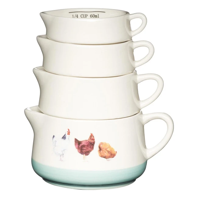 KitchenCraft Apple Farm Handfinished Hazel Hen Ceramic Measuring Cups - Cream/Green Set of 4