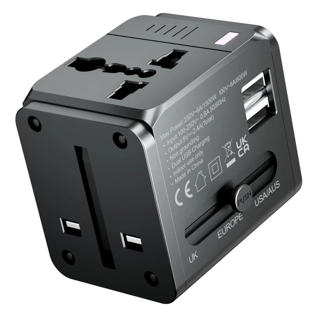 Aunno Universal Travel Adapter with 2 USB Ports - All in One Plug Adaptor UK to EU USA AU