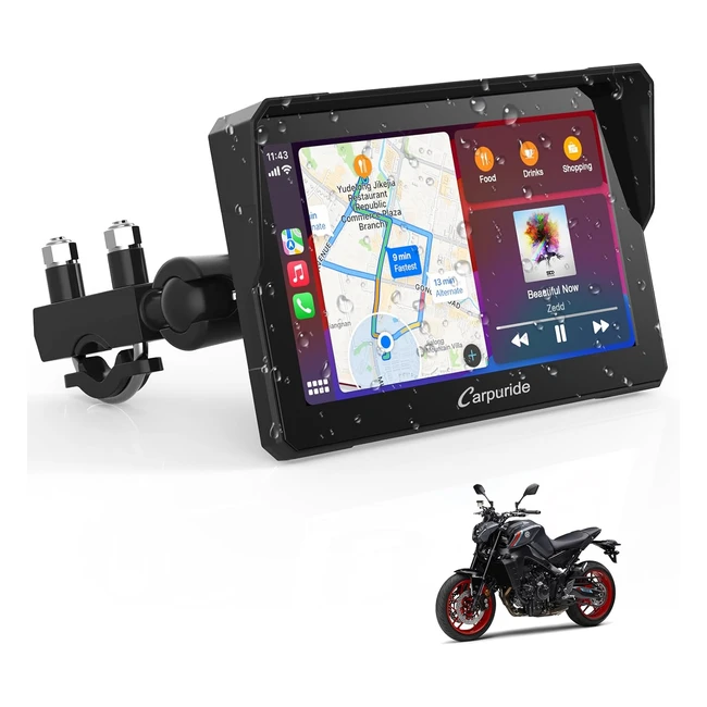 Carpuride W702 Motorcycle GPS Carplay Screen Wireless Carplay Android Auto Portable Car Stereo for Motorbike 7 Waterproof Touchscreen Dual Bluetooth Navigation Siri