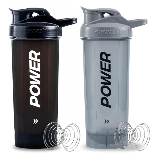 Acuna Power Shaker Bottle 700ml Pack of 2 Protein Shake Mixer Ball BPA Free Leak Proof Lid Gym Supplement Black/Grey