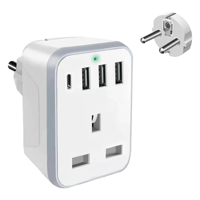 UK to EU Plug Adapter with 3 USB Ports and 1 Type C - Grounded European Travel A
