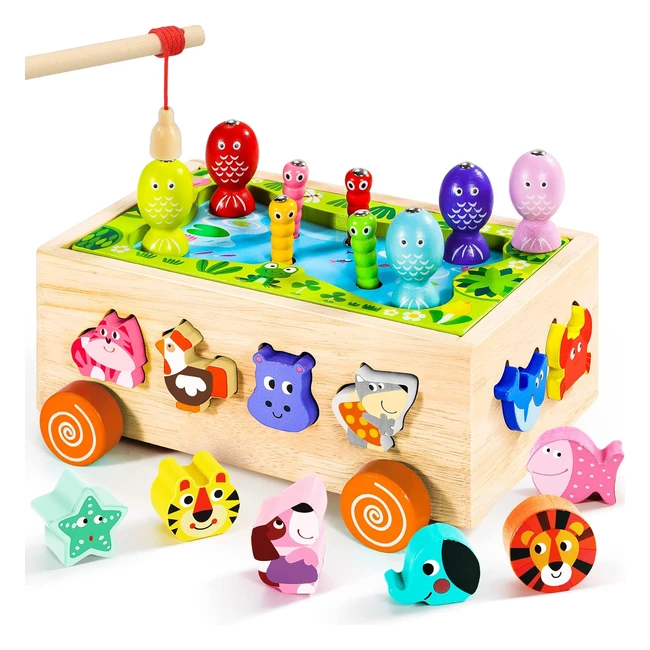 Montessori Toys for 2 3 4 Year Olds - Shape Sorter Learning Toys - Wooden Fishing Game Car - Preschool Fine Motor Skills - 6 in 1 Toddler Toys - Gifts for Baby Boys Girls