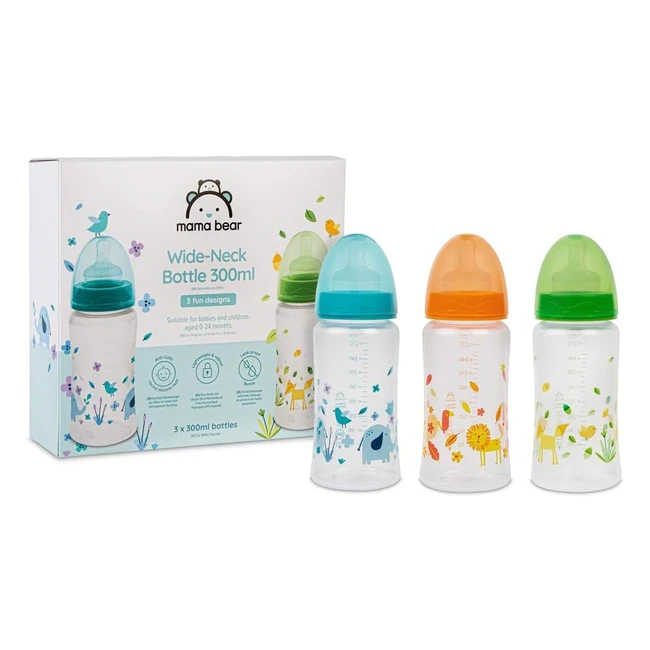 Amazon Mama Bear Wideneck Bottle 300ml Pack of 3 - Multicolor - Leakproof Design