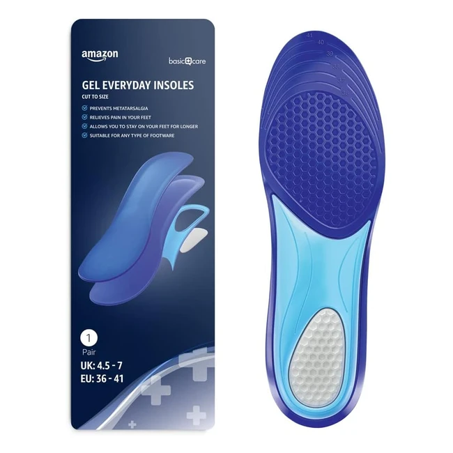 Amazon Basic Care Gel Everyday Insoles Size 36-41 Blue - Anti-Slip Fabric & Metatarsal Support