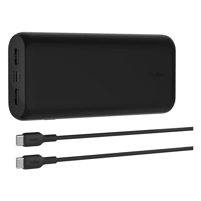 Belkin BoostCharge 3-Port Compact Power Bank 20K with PD 20W - Fast Charging Portable Charger for iPhone, AirPods, Samsung Galaxy - Travel-Friendly Design
