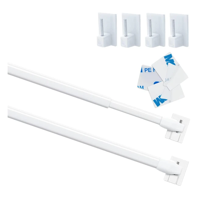 2pcs Net Curtain Rods Extendable with 6pcs Sticky Hooks 40-70cm White