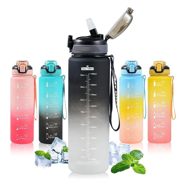 Seaseven 1L Water Bottle with Straw - BPA-Free Leakproof Sports Bottle for Gym, Cycling, Office