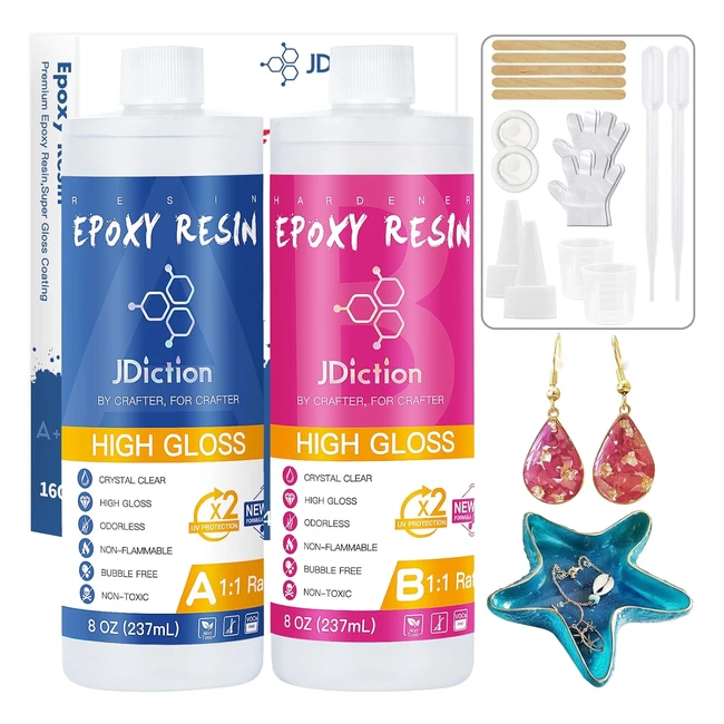 jdiction epoxy resin high gloss 16oz crystal clear kit - UV resistant self-leve