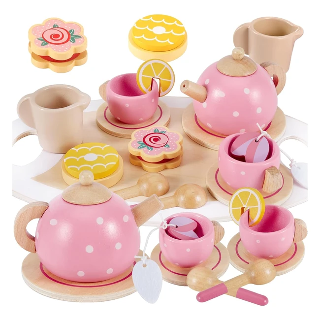 Aoleva Wooden Afternoon Tea Set for Toddler Children Tea Party Set - Play Food Dessert Tray Teapot Kitchen Accessories - Birthday Gifts for 3 4 5 Years Old