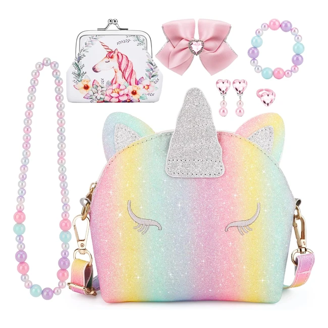 JYPS Unicorn Purse for Little Girls 7pcs Cute Kids Purse Crossbody Bags with Jewelry Set - Birthday Presents & Gifts for Girl Toddler