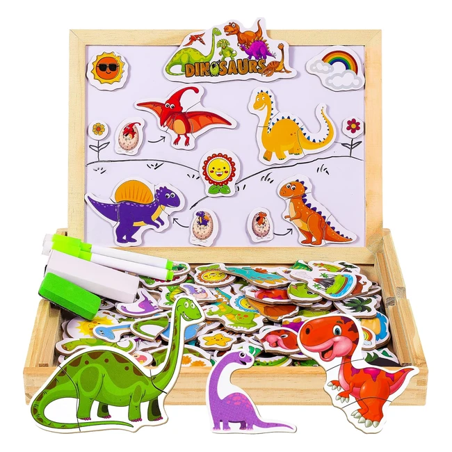 Cooljoy Wooden Magnetic Dinosaur Puzzle Toys 100 pcs - Gift for 2 3 Year Old Boy