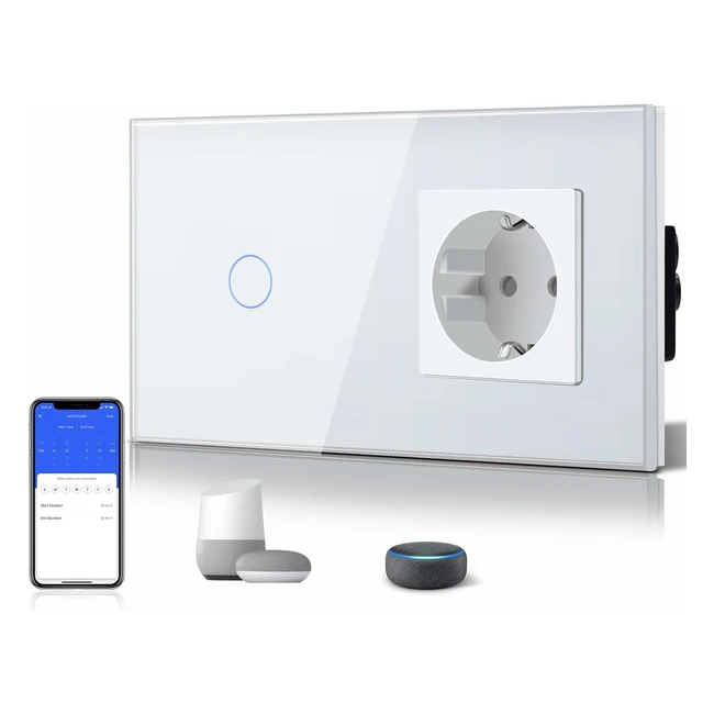 Bseed Normal Schuko Steckdose mit Smart Alexa Lichtschalter 16 Ampere Glas WiFi Touch Sensor Wand Schalter kompatibel mit Alexa und Google Home Einzel 1 Weg Weiß Neutralleiter erforderlich