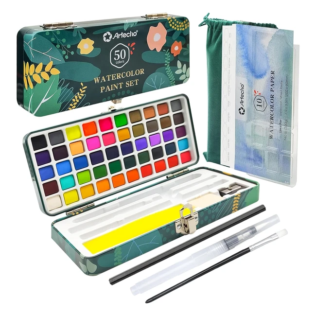 Artecho Watercolour Paint Set 50 Colors Portable Box 4 Fluorescent Colors