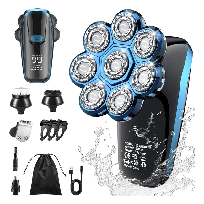 Afeitadora Eléctrica Hombre Calva 8 Cabezas Rotativas LED Impermeable USB Recargable