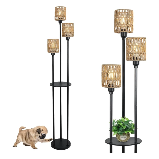 Rayofly Boho Floor Lamp 3Lights Rattan Farmhouse Standing Lamp with Shelves