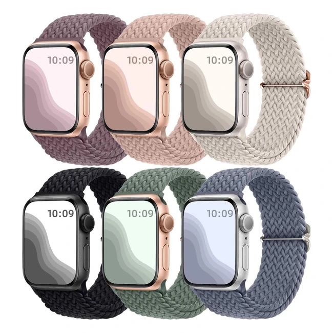 Maledan 6 Pack Braided Solo Loop Compatible with Apple Watch Straps 40mm 38mm 41mm for Women Men Adjustable Nylon Stretchy Elastic Sport Replacement Band for iWatch SE Series 9 8 7 6 5 4