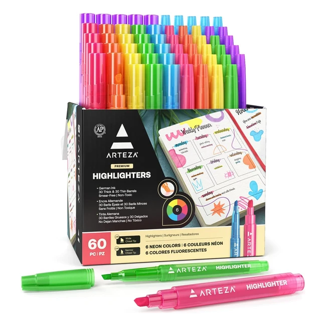 Arteza Highlighter Pens Set 60 Chisel Tips Neon Colours