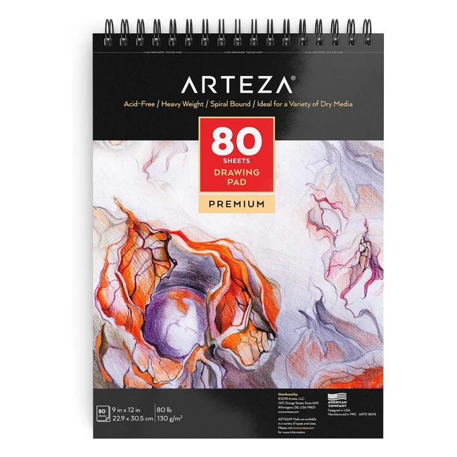 Arteza Drawing Pad 9x12 Spiralbound Sketchbook 80lb Paper
