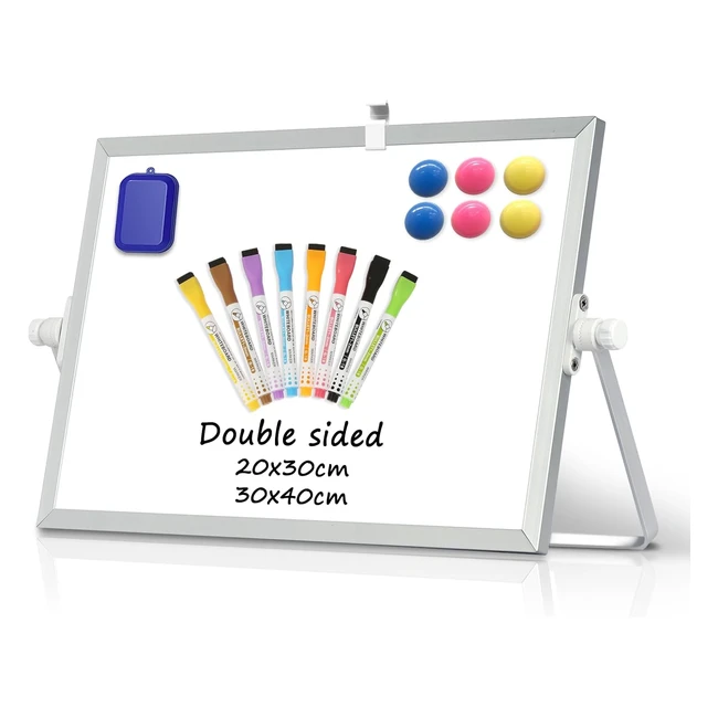 Dollar Boss Magnetic Desktop Whiteboard 20x30cm Double Sided Dry Erase - A4 Mini Whiteboard with Stand, 8 Pens & Eraser