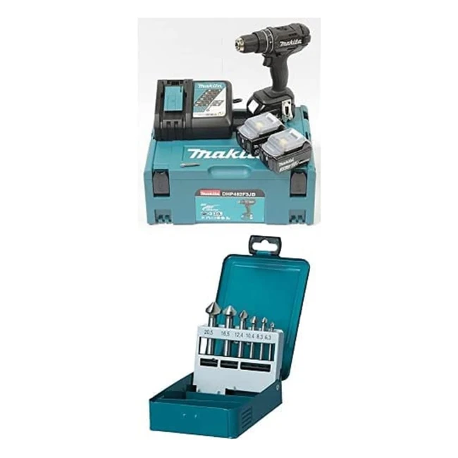 Makita DHP482F3JB Akkuschlagbohrschrauber 18V Schwarz 3Ah 3 Akkus Makpac Senkerset HSS