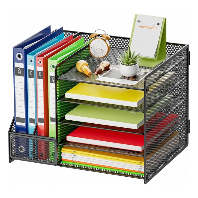 Marbrasse Desk Organizer with File Holder 5-Tier Paper Letter Tray Organiser and 2 Pen Holder Mesh Desktop Organizer