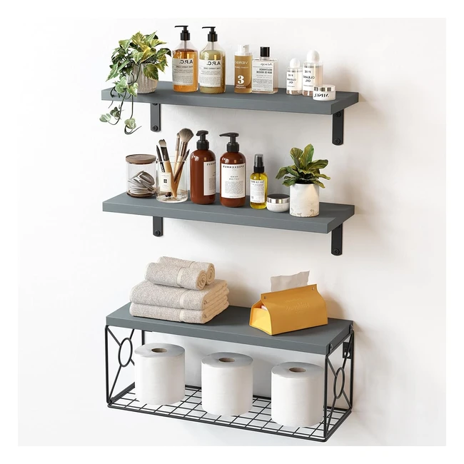 Pipishell Floating Shelves with Wire Storage Basket Set of 3 - Paulownia Wood Bathroom Shelves - Home Organization