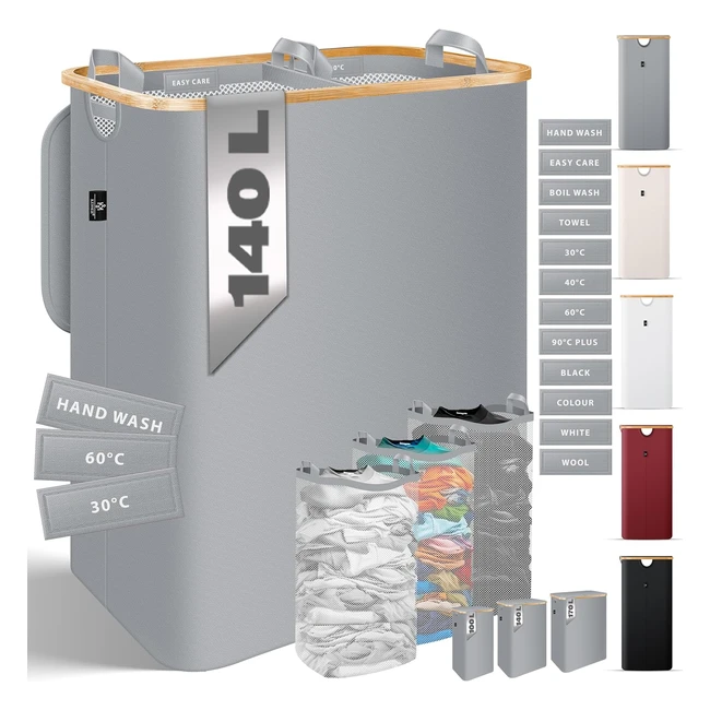 Kesser Wäschekorb mit Deckel 2 Fächer faltbar 140 Liter Wäschekorb mit 3 x abnehmbaren Wäschesäcken