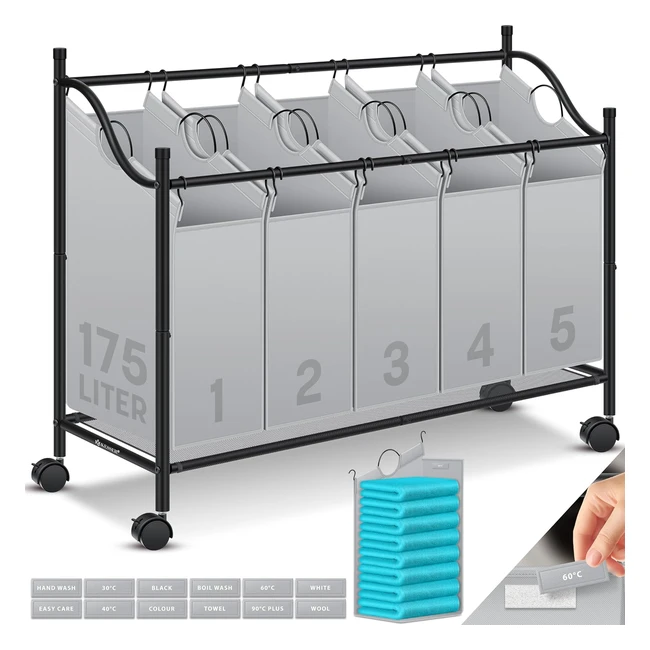 Kesser Wäschekorb WS-Sammler WS-Sortierer 5 abnehmbare Stofftaschen 5 Fächer x 35 Liter WS-Box 12 Waschhinweise 360 Rollen mit Bremse WS-Sortiersystem Wagen Grau