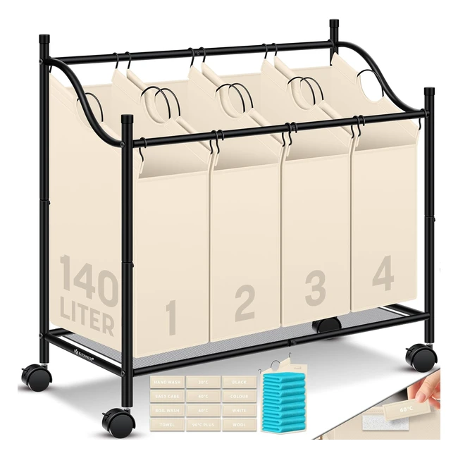 Kesser Wäschekorb mit 4 abnehmbaren Taschen 35L 360° Rollen & Bremse
