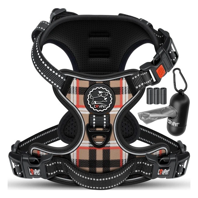 Lovpet Hundegeschirr ohne Zug & Würgen für mittelgroße Hunde - Atmungsaktiv & weich - Reflektierend & nopull - Inkl. Beutelrollen - Verstellbares Geschirr mit Griff - Beige M