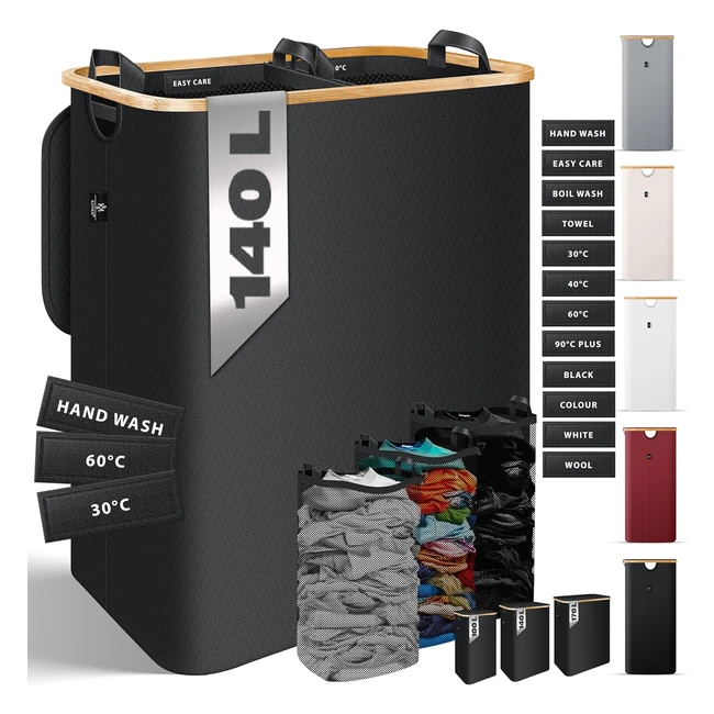 Kesser Wäschekorb mit Deckel 2 Fächer faltbar 140 Liter Wäschekorb Wäschekorb Wäschekorb mit 3 x abnehmbaren Wäschesäcken Wäsche sortiert inklusive Waschanweisungen