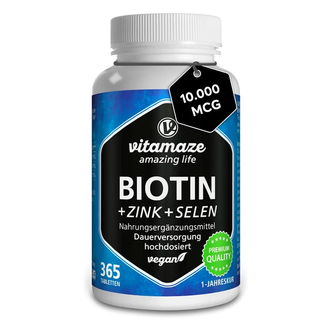 Biotin Hochdosiert mit Selen und Zink für Haarwachstum Haut und Nägel 365 vegane Tabletten für 1 Jahr - Made in Germany