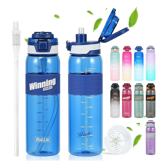 Seaseven 1L Water Bottle with Straw  BPA-Free Leakproof Sports Bottle  Time Ma