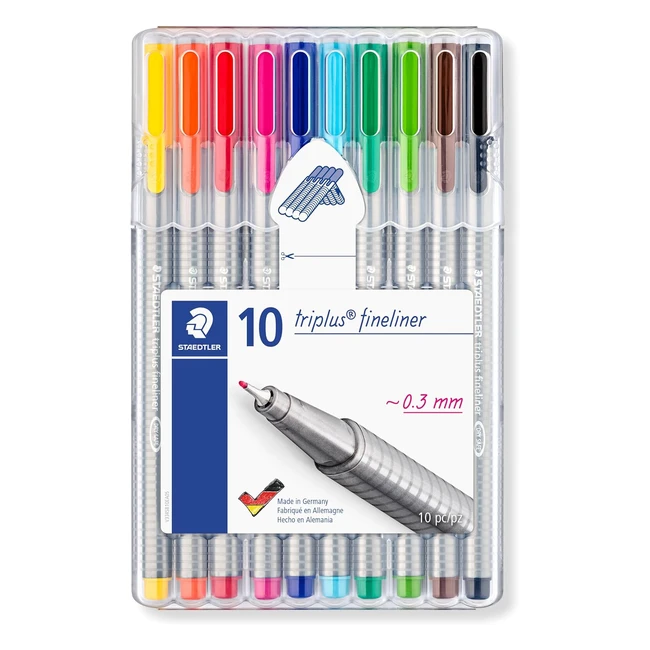 Staedtler 334 SB10 Triplus Fineliner 03mm Assorted Colors Desktop Box of 10