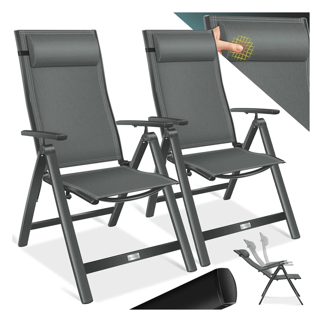 Kesser Gartenstuhl Hochlehner mit Armlehnen Set aus 2 Aluminium Klappstühlen inkl. Kissen Campingstuhl 7-fach verstellbare Rückenlehne atmungsaktiv und wetterfest klappbar rutschfest