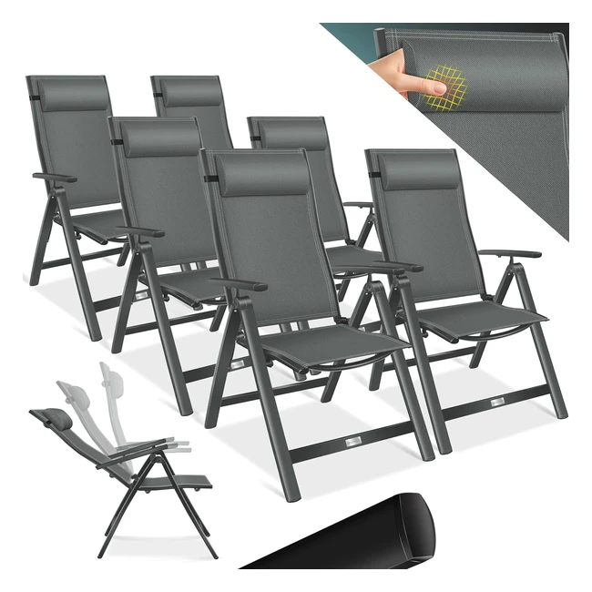 Kesser Gartenstuhl Hochlehner mit Armlehnen Set aus 6 Aluminium Klappstühlen inkl. Kissen Campingstuhl 7-fach verstellbare Rückenlehne atmungsaktiv und wetterfest faltbar rutschfest