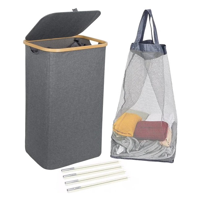 Edergoo Laundry Basket 100L with Lid - Upgraded Freestanding Hamper - Removable Bag - Foldable - Bamboo Handle - Grey