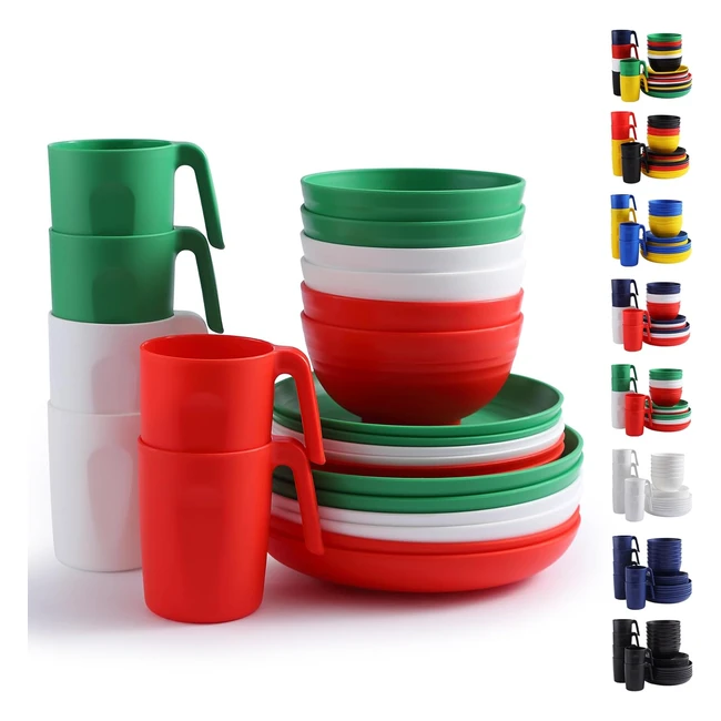 Ensemble Vaisselle Plastique 24pcs - Berglander - Robuste - Pour 6 - Assiettes Bols Réutilisables