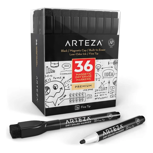 Arteza Magnetic Dry Erase Markers Pack of 36 - Fine Tip Black Color - Low Odor I