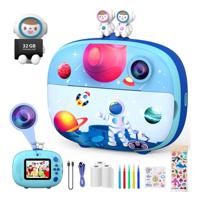 Cámara Infantil Instantánea Chakeyake 1080p 20MP con Tarjeta SD 32GB y Lápices de Colores - Azul